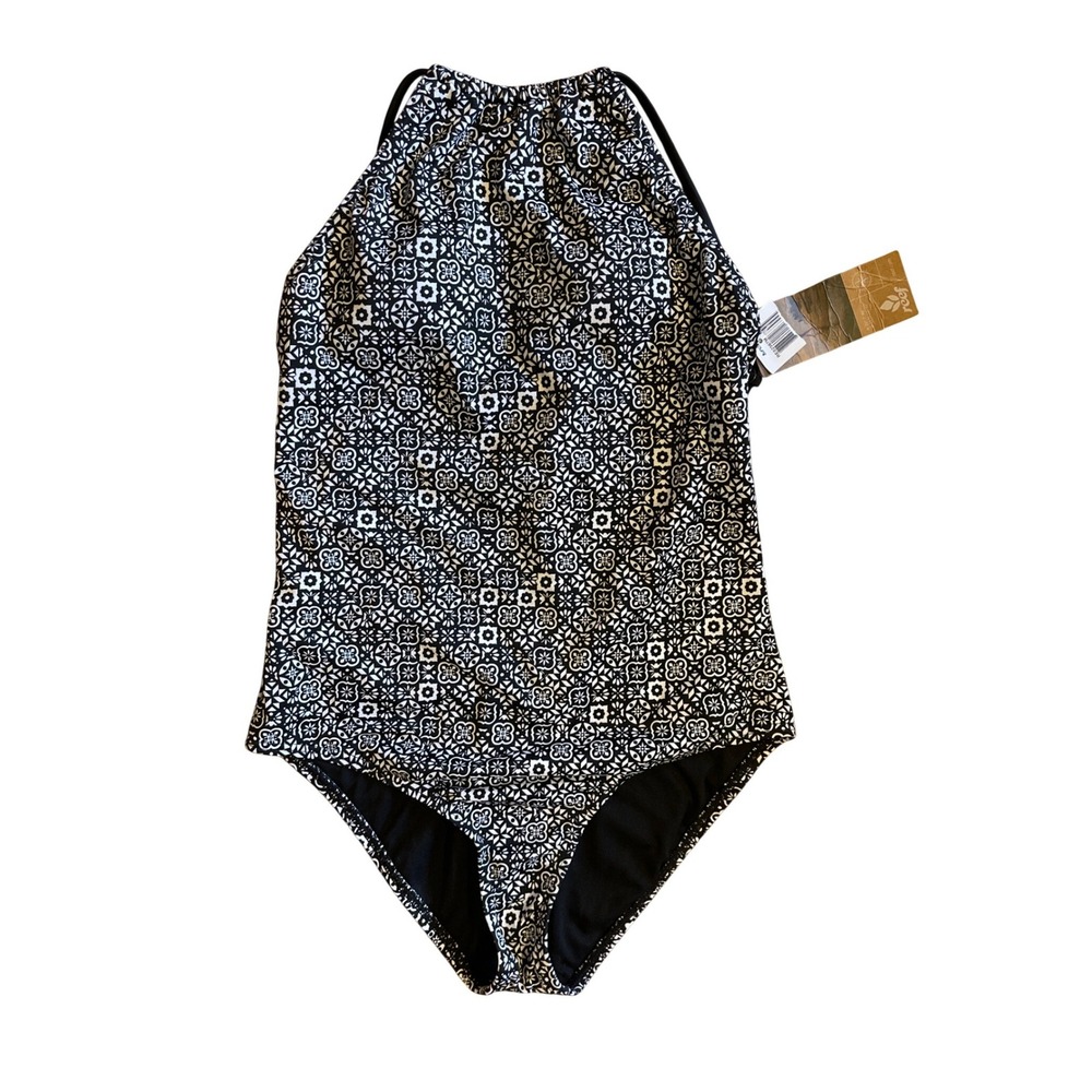 Reef Womens Black White Geometric Tile Print High Neck One‎ Piece Swimsuit Vaca